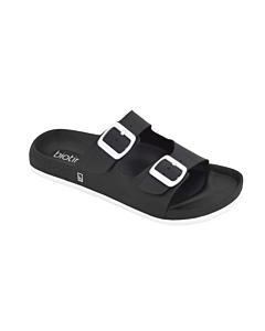 Black slide sandal with white sole and white buckles